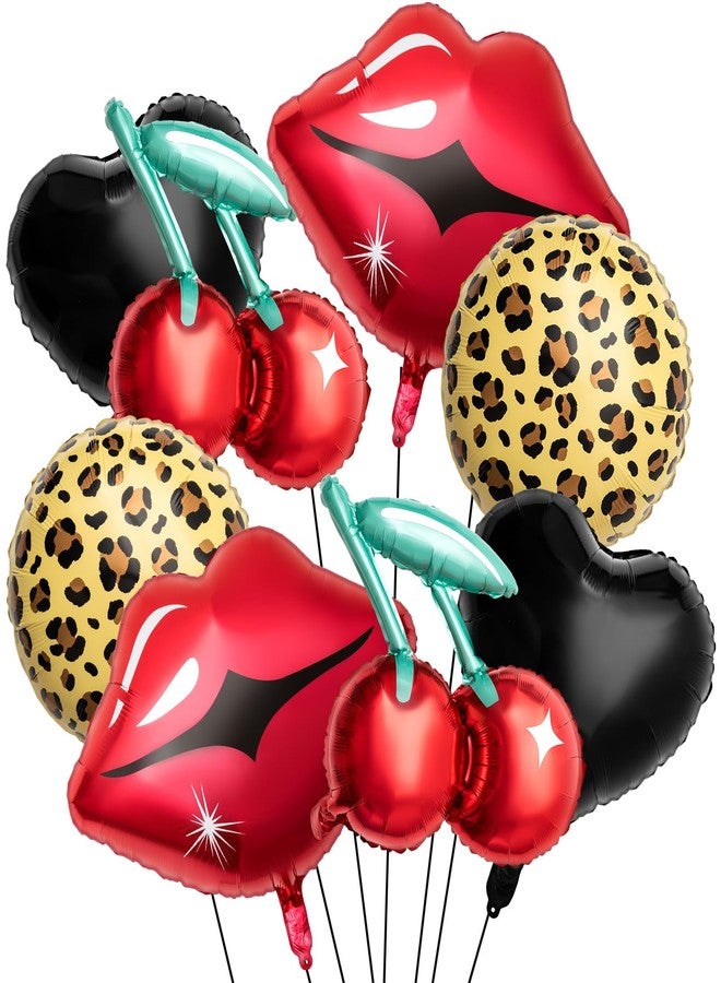 Realspring 8 Pcs Black and Red Foil Balloons Kit, Cherry Print, Red Lips, Cheetah Pattern and Black Heart Balloons for Bachelorette Party Decor, Kiss The Miss Goodbye, Women's Birthday Baby Shower - Image 1